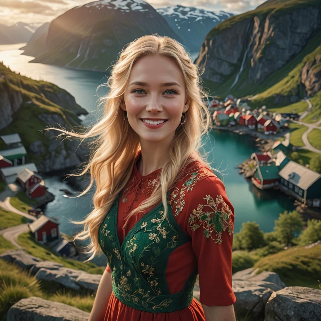 Girl in Red Dress Greets from Norway: Digital Art