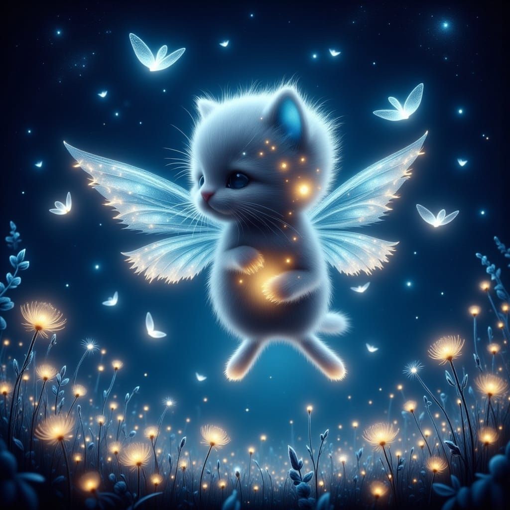 Fluffy Winged Kitten in Magical Starry Night