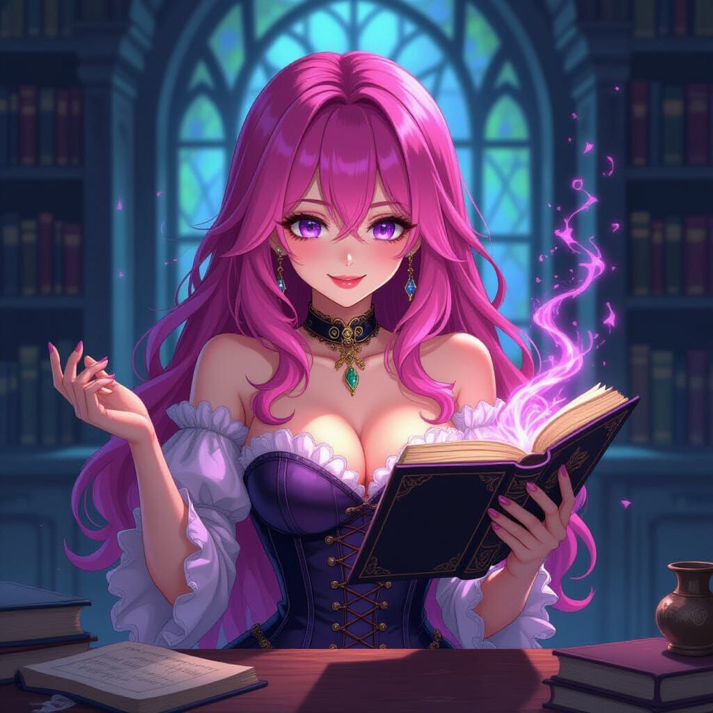 Gothic Sorceress Reads Spell Book in Swirling Magic
