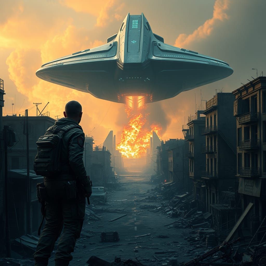 Dystopian Cityscape with Alien Spaceship