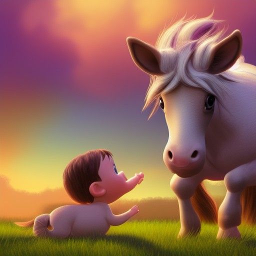 Toddler and Unicorn Foal in 3D Digital Art