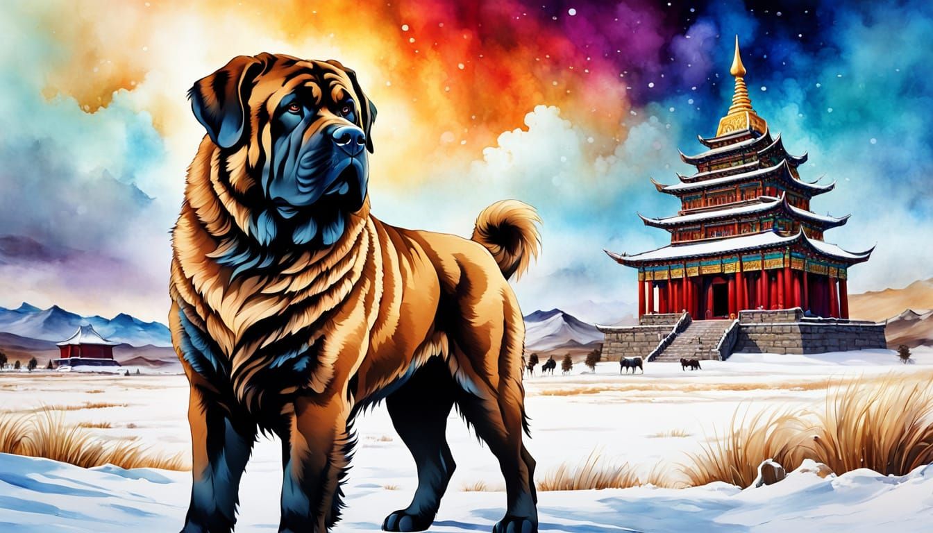 Mongolian Mastiff Before Temple in Snowy Landscape - Alcohol...