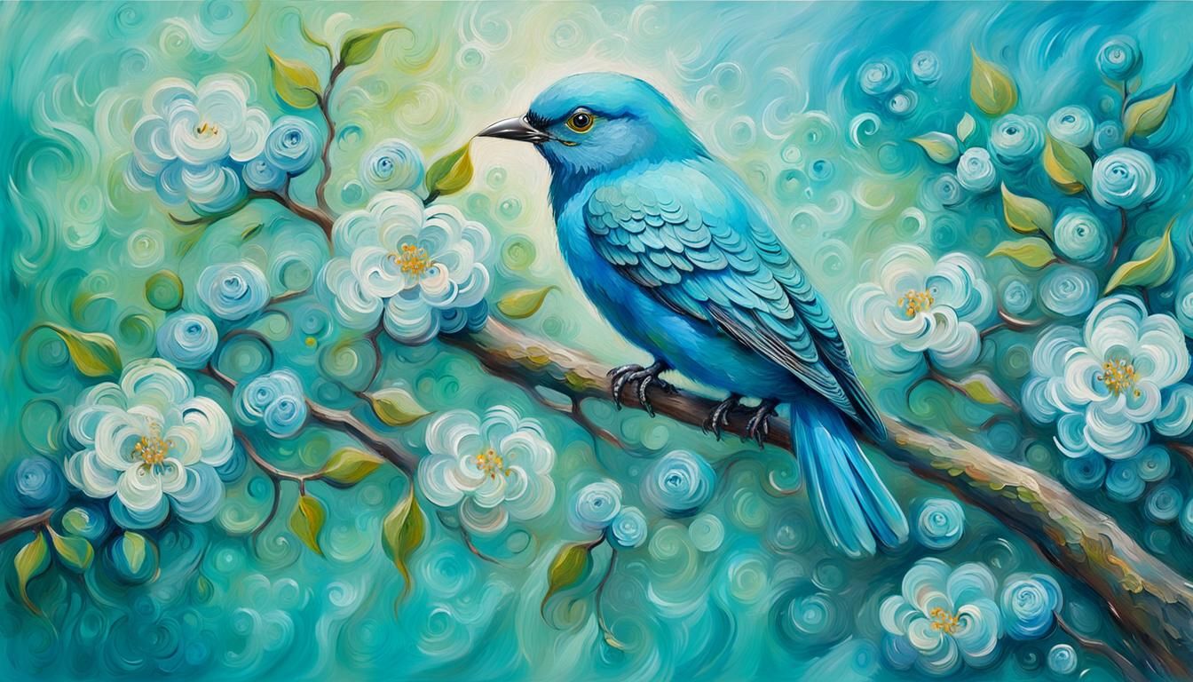 Turquoise Bird with Lace Wings: Impressionist Oil Painting