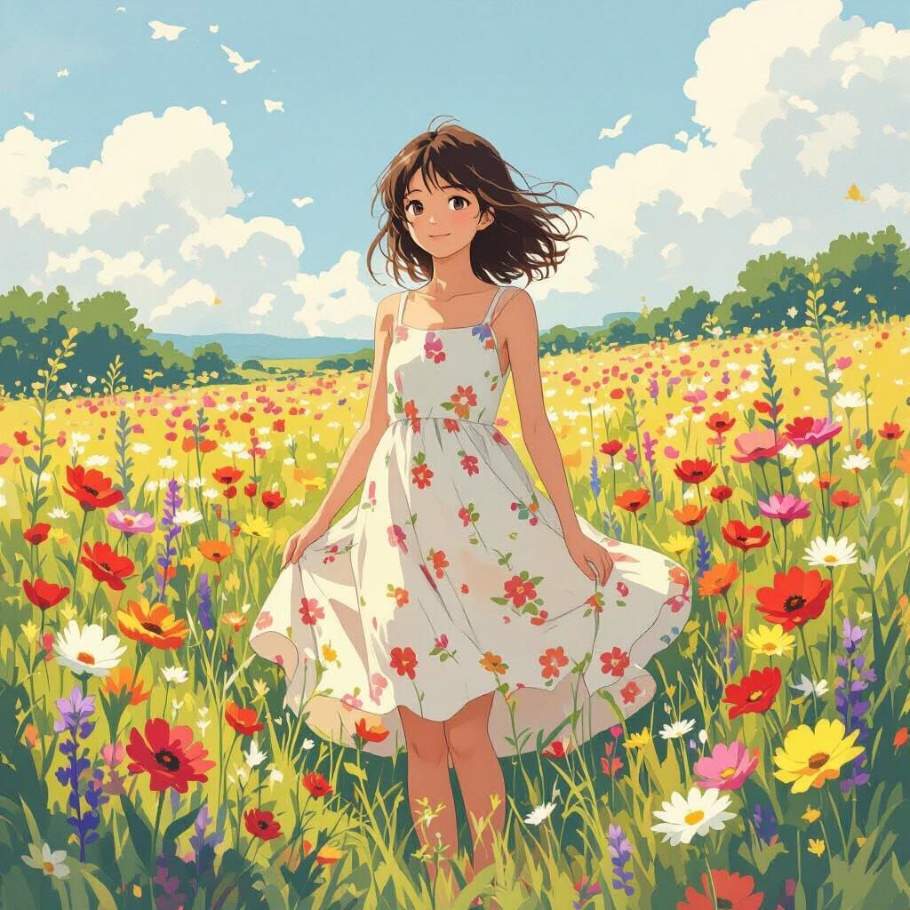 Girl in Floral Meadow, Anime-Inspired Art