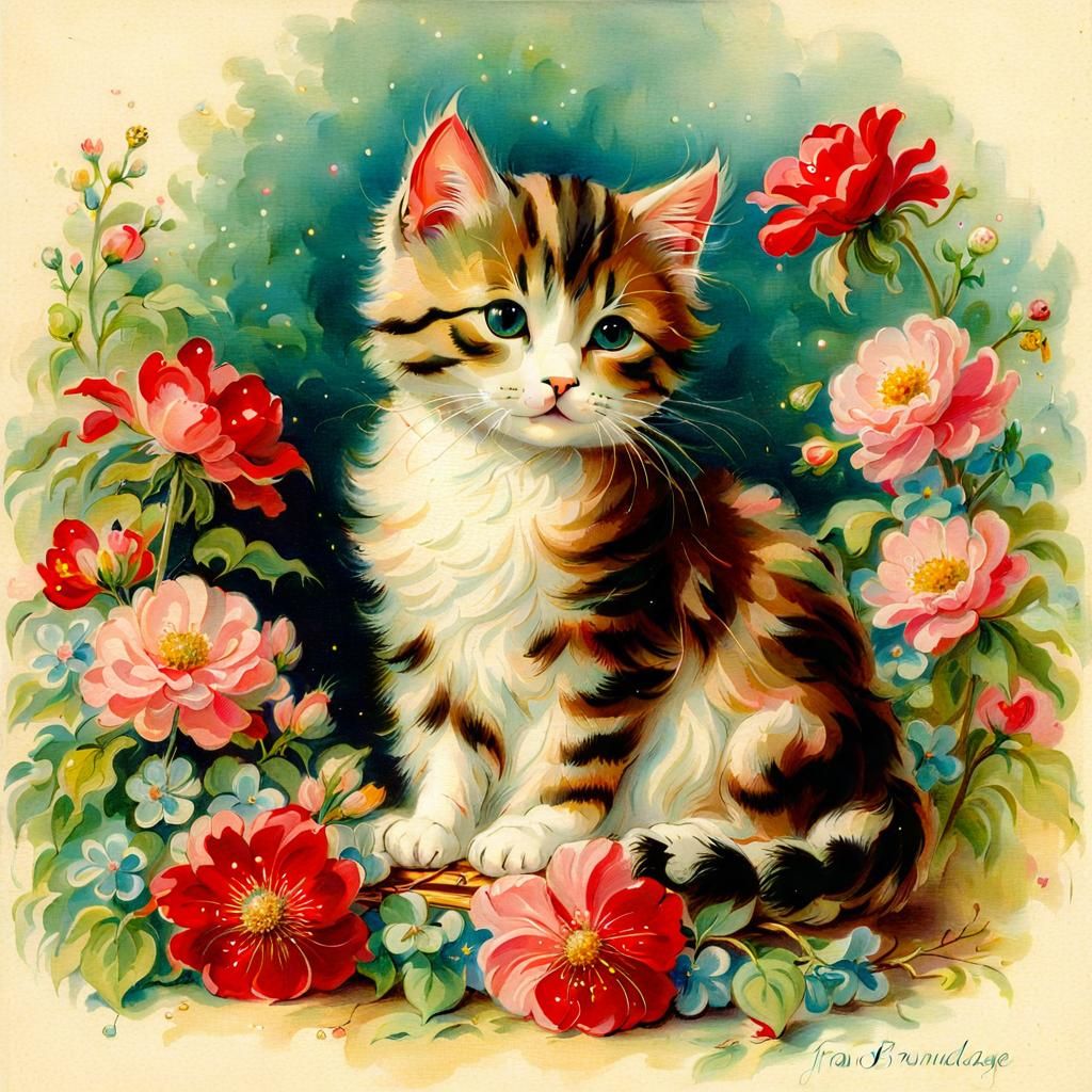 Charming Cat with Flowers in Vintage Illustration