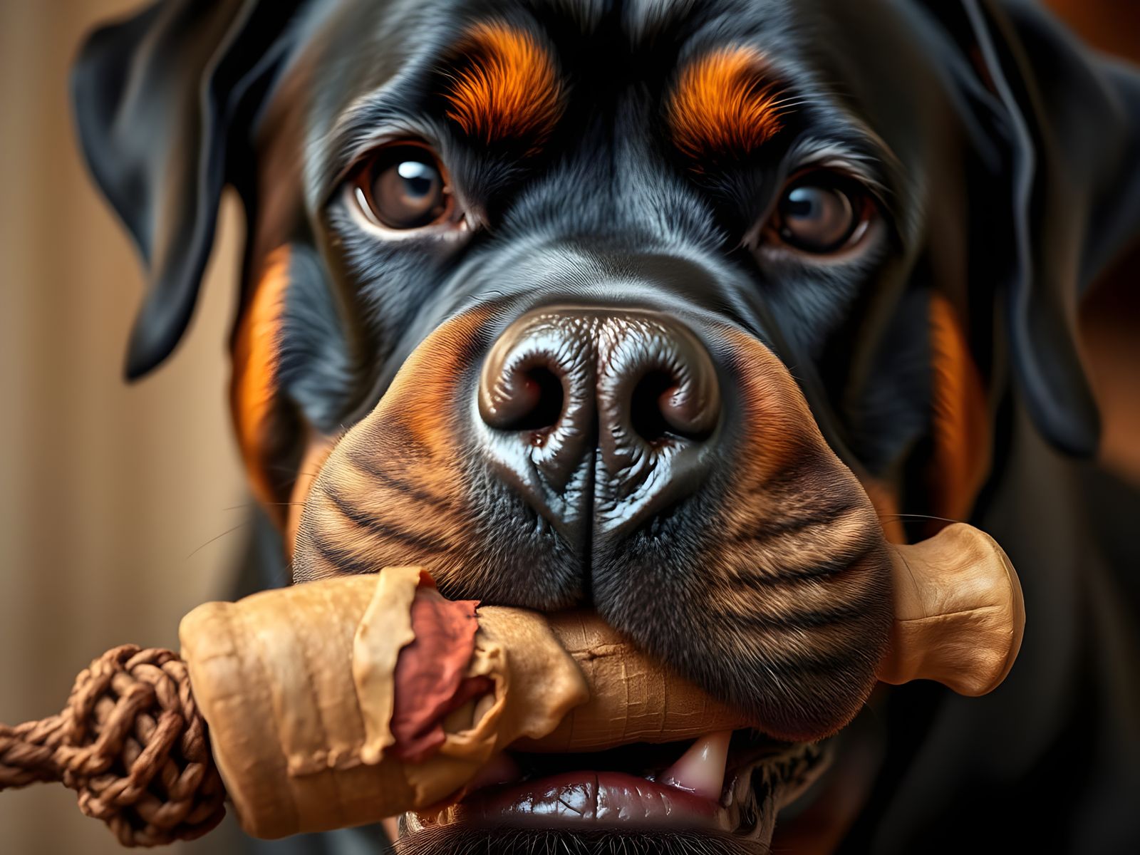 Rottweiler Grips Chew Toy in Sharp Focus Portrait