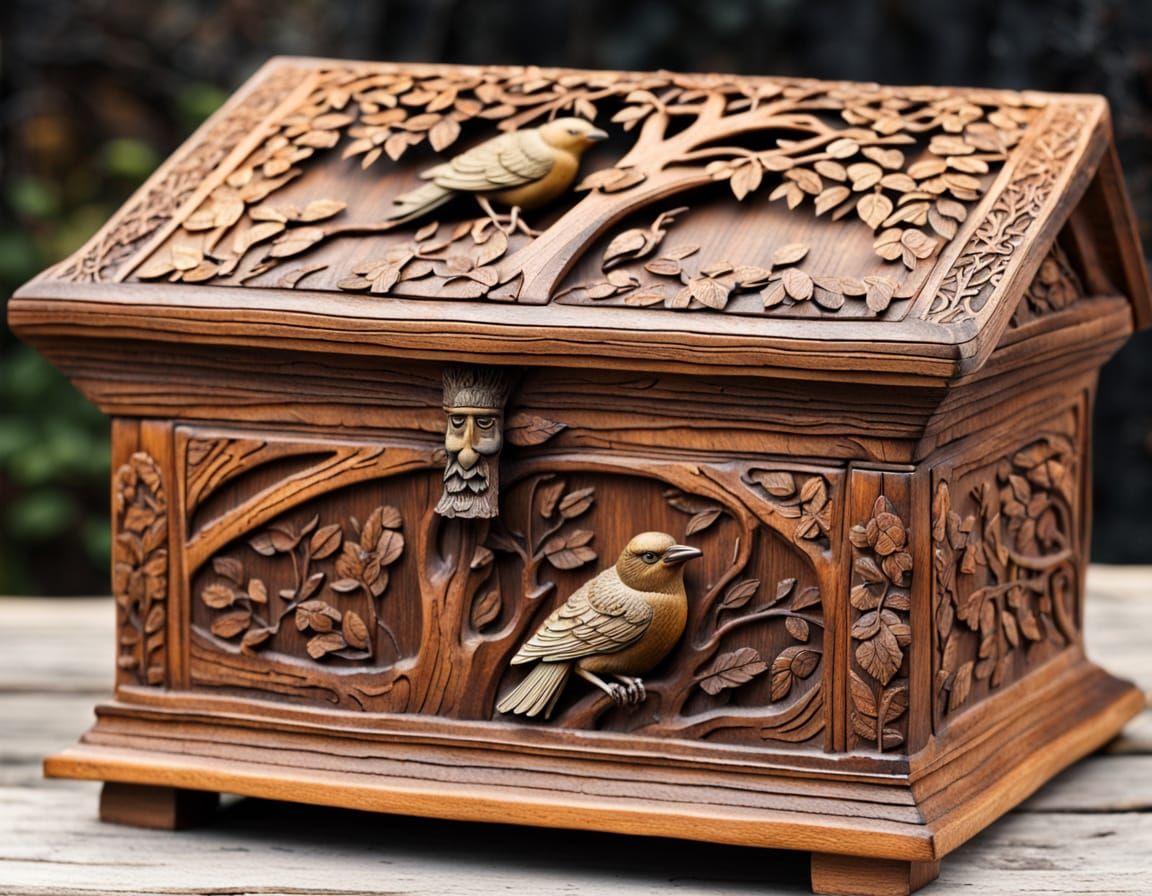 Carved Wooden Antique Casket with Tree and Birds