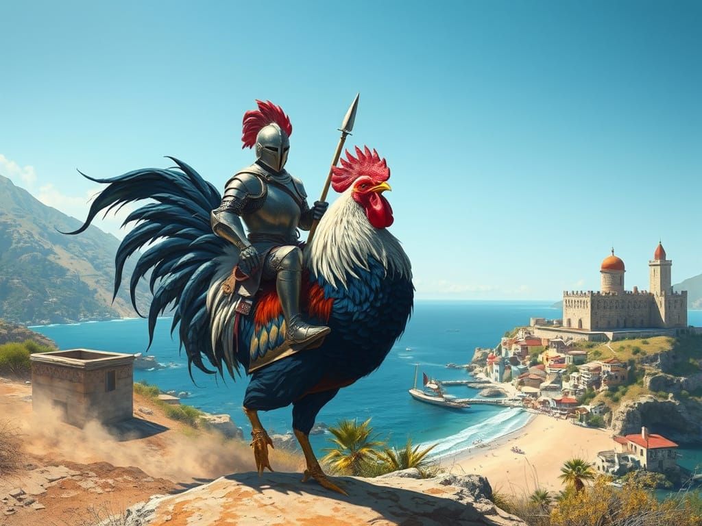 Knight Rides Rooster Through Mediterranean Landscape