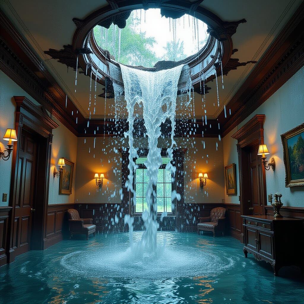 Flooded Villa: Indoor Waterfall Concept Art