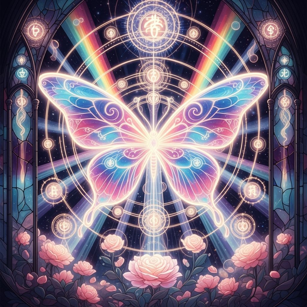 Ethereal Butterfly in Radiant Stained-Glass Sanctuary