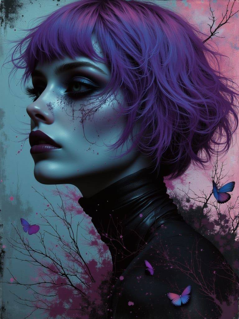 Gothic Grunge Portrait of a Woman with Purple Hair