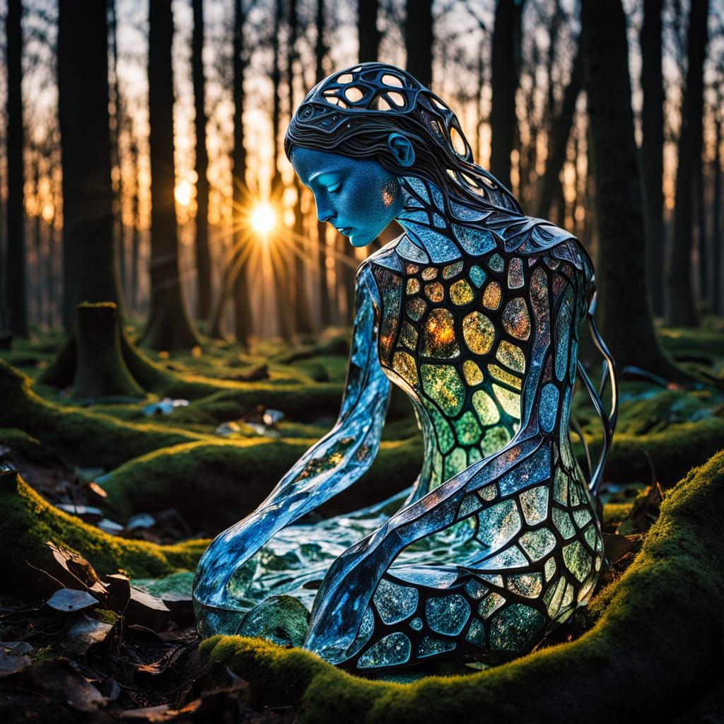 Surreal Fragmented Sculpture with Bioluminescent Accents