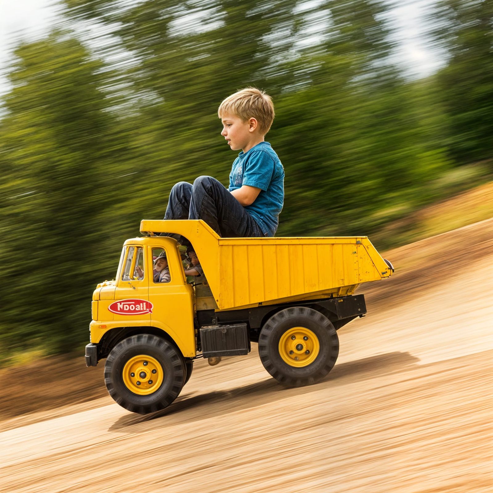 Child's Thrilling Ride on Vintage Tonka Truck