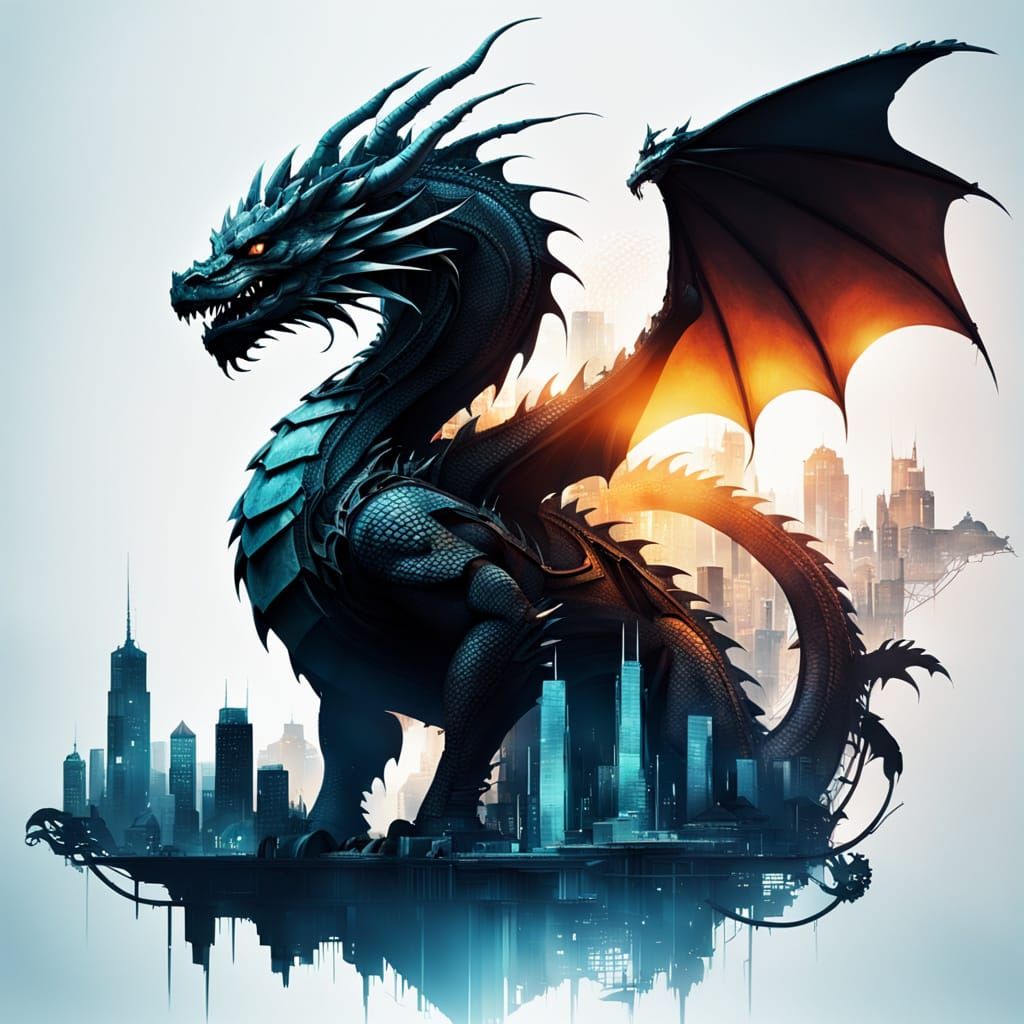 Cyberpunk Dragon Silhouette Double Exposure Art