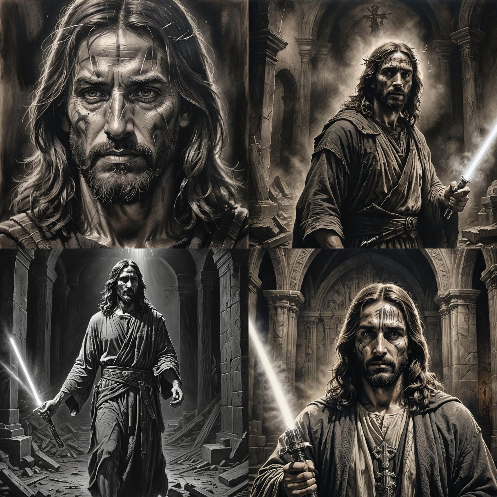 Jesus with War Paint and Lightsaber: Charcoal Art