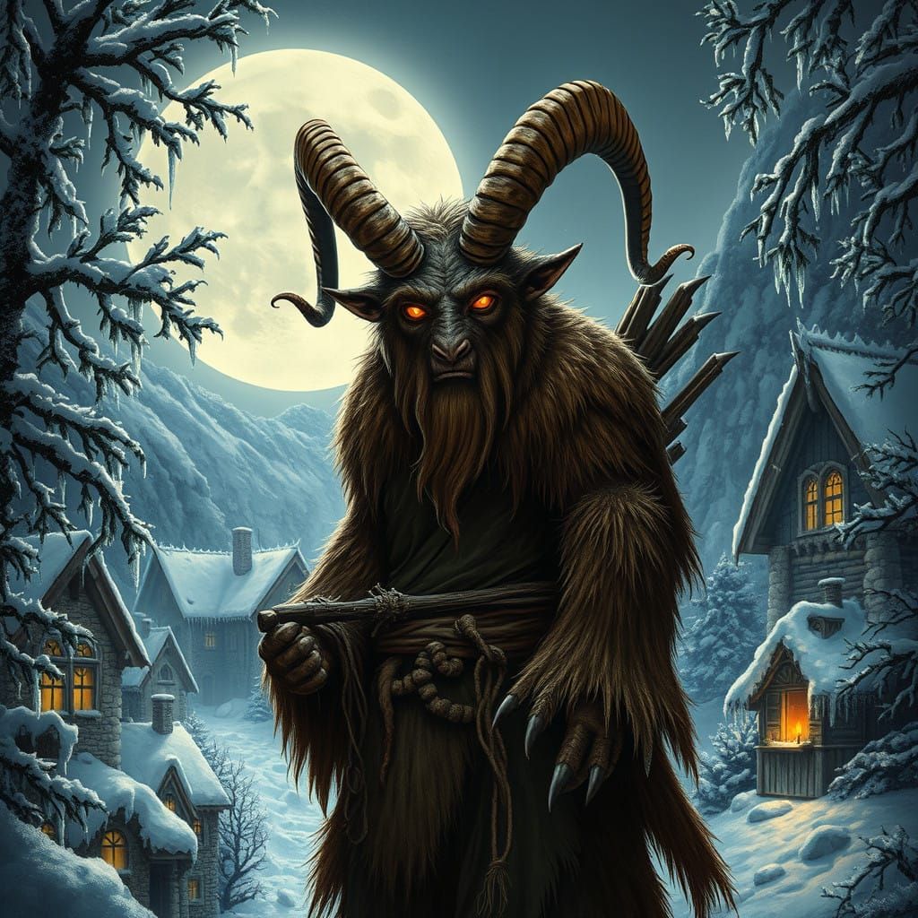 Krampus in Dark Mystical Folk Art Style