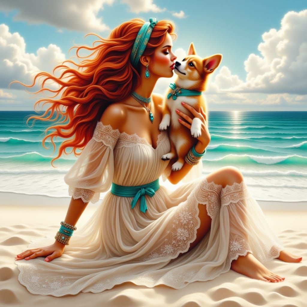 Digital Bohemian Woman on Beach in Acrylic and Chalk Style