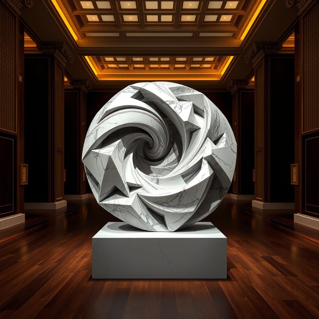 Geometric Marble Sculpture in Museum Gallery
