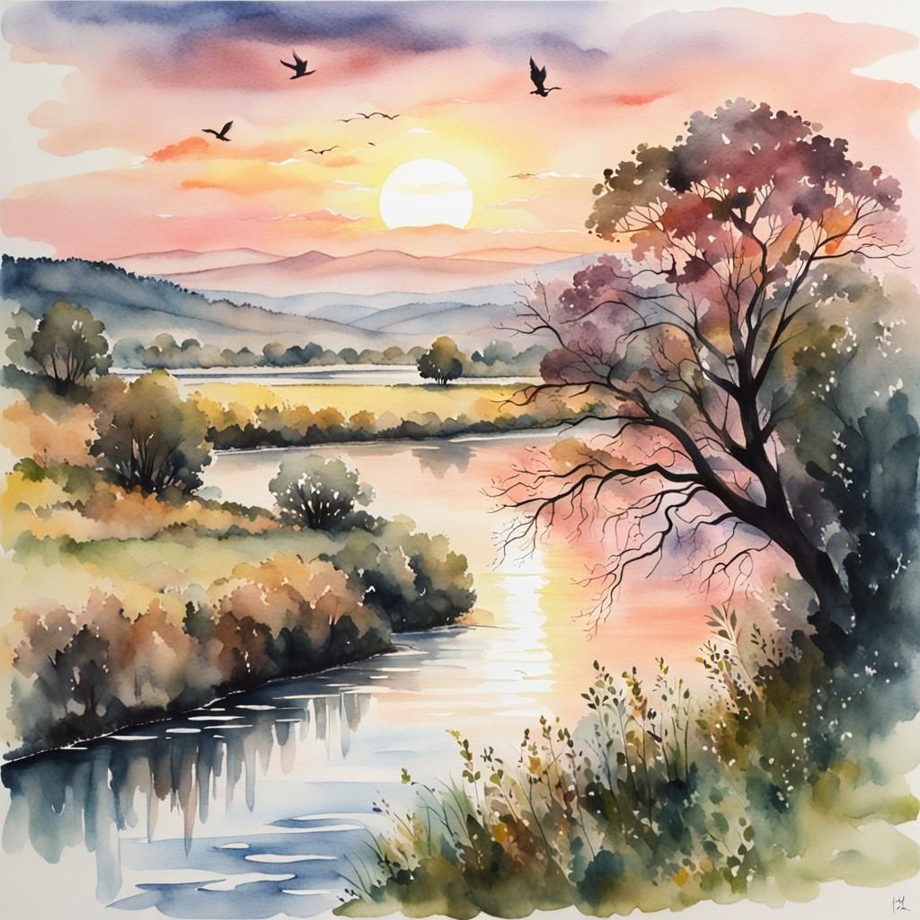 Sunset River Scene in Watercolour Style