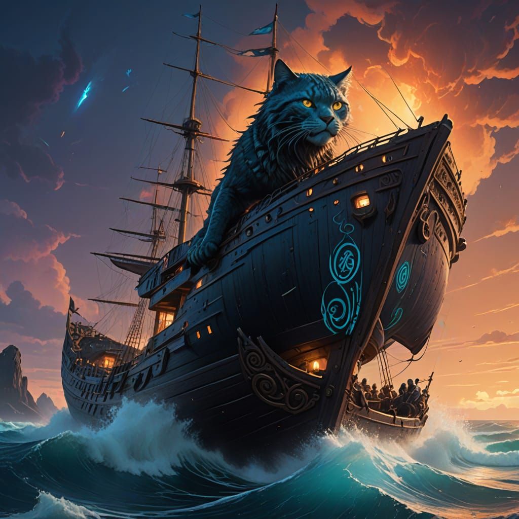 Regal Feline Seafarer in a Fantastical, High-Contrast Scene