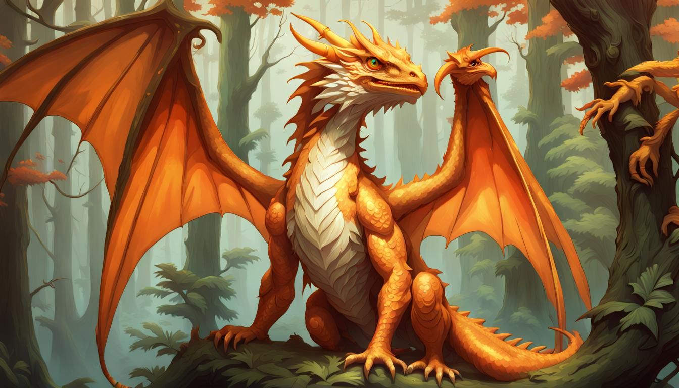 Orange Dragon in Forest, Art Nouveau Style