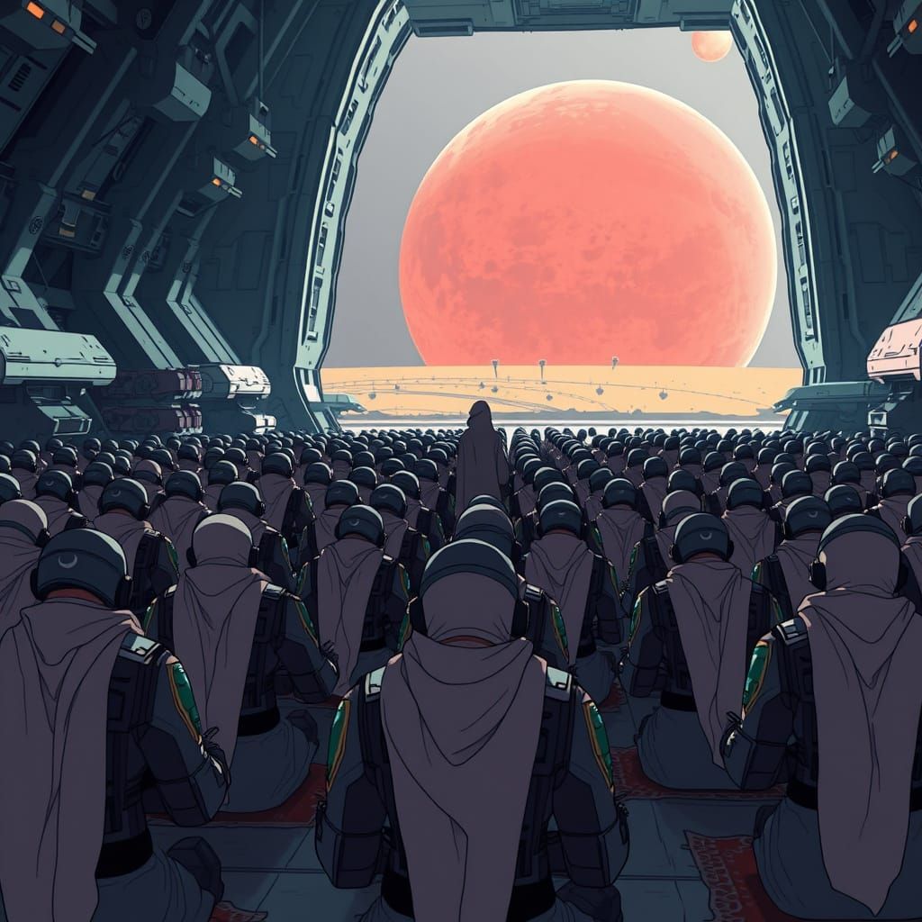 Muslim Space Marines Praying on Spaceship in Anime Style