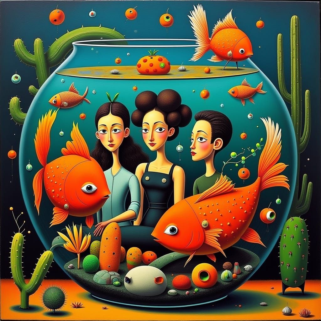 Family in Goldfish Bowl Portrait in Cubist Style