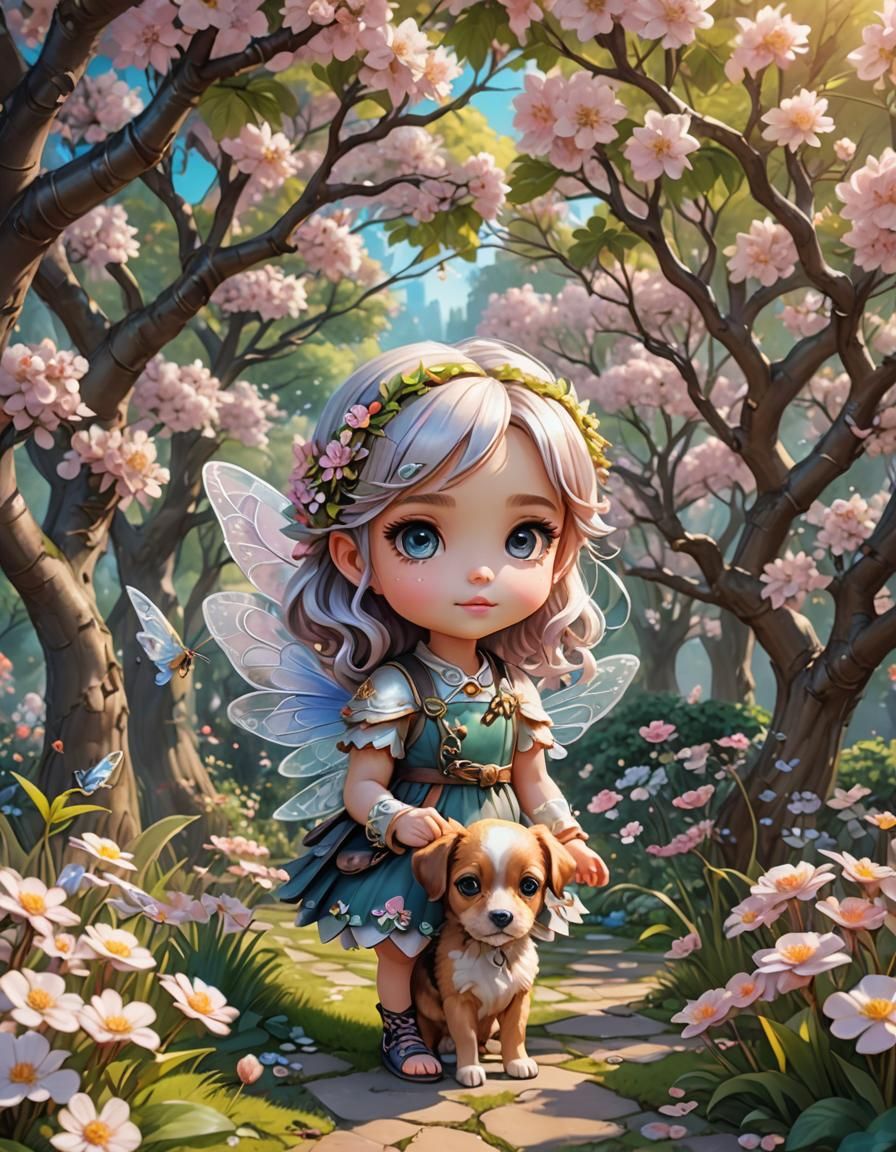 Chibi Fairy Girl with Puppy in Pastel Garden
