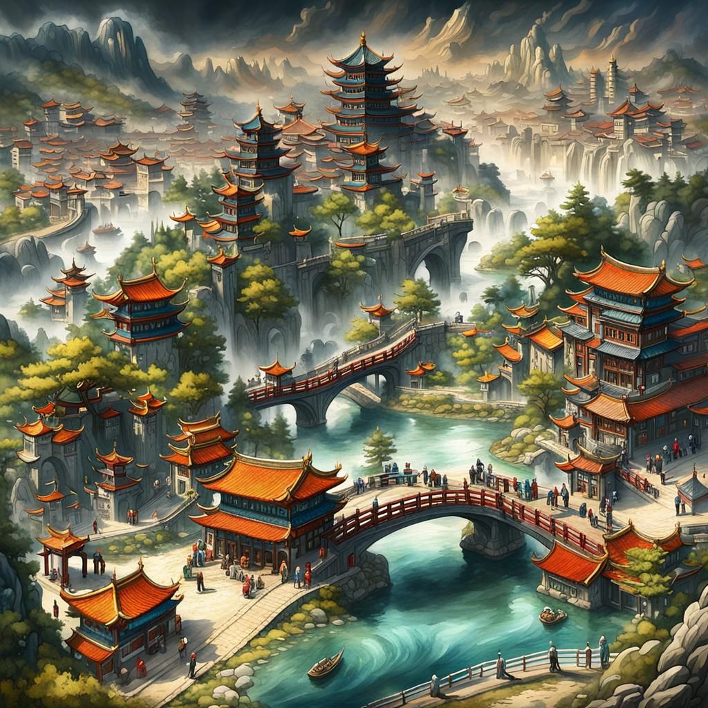 Cityscape in Korean Folk Art and Watercolor Style