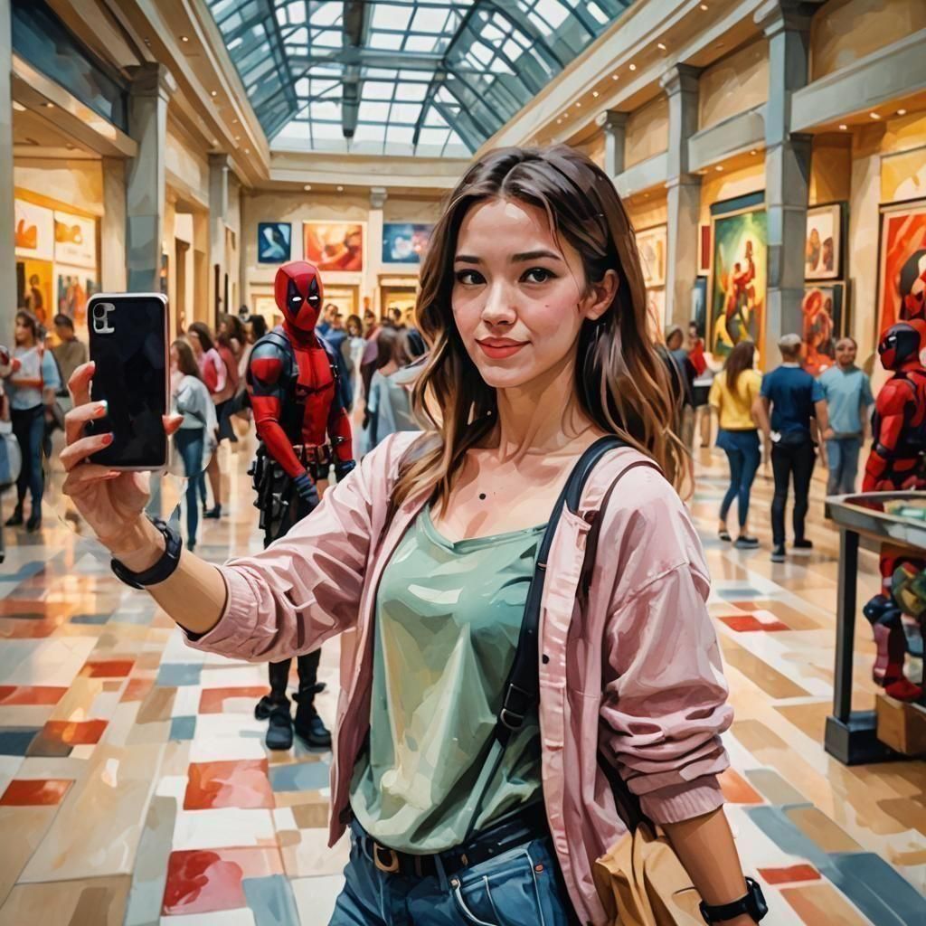 Deadpool Photobomb in Gouache Style at the Mall