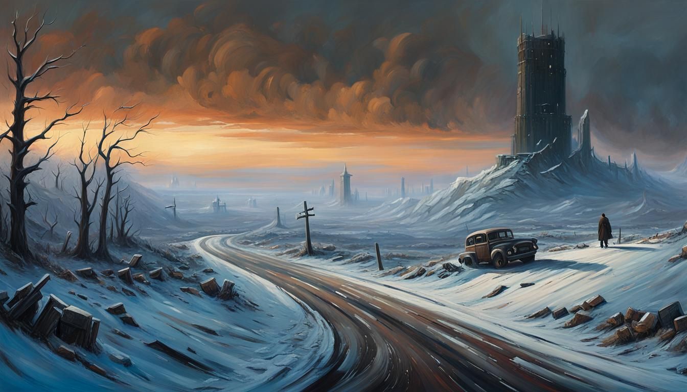 Bleak Winter Landscape in Dark, Gritty Oil Painting Style