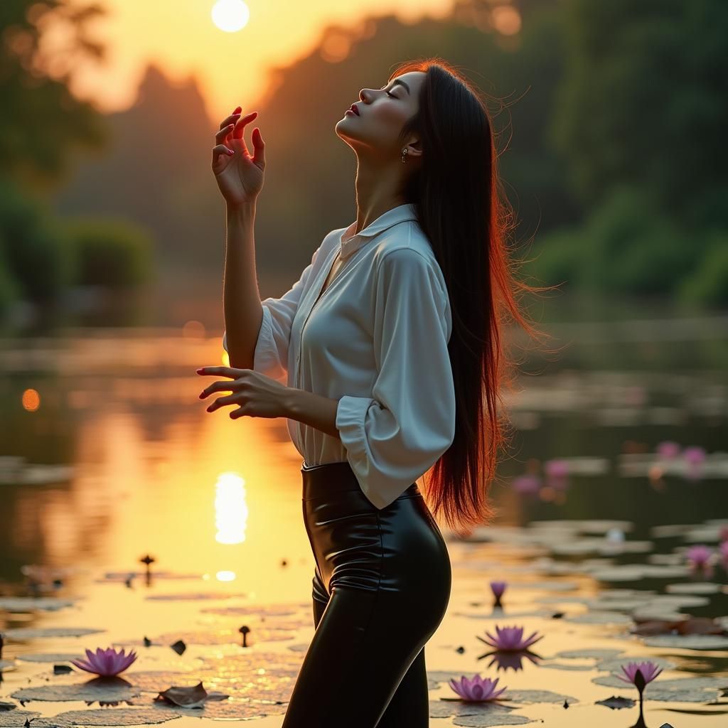 Asian Woman at Sunset: Romantic Chiaroscuro Image