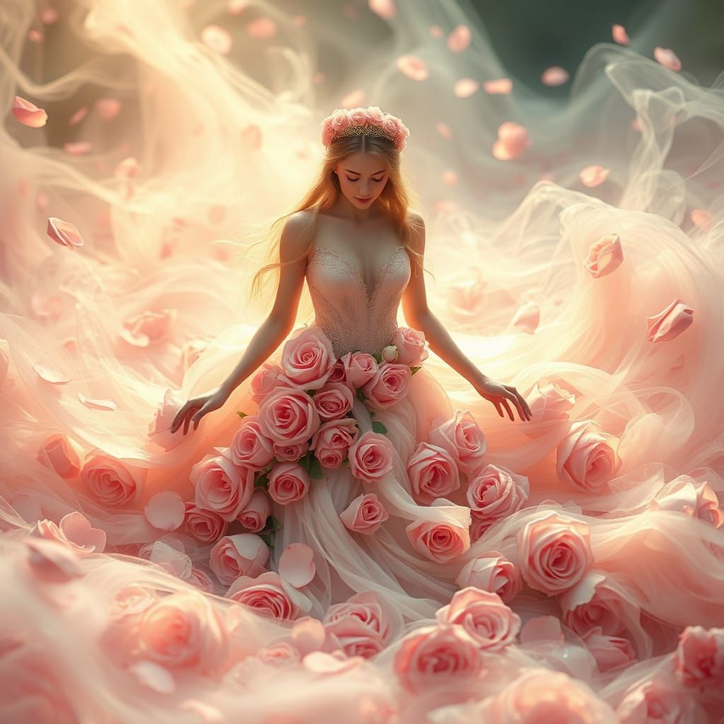 Ethereal Goddess of Roses in Dreamlike Beauty