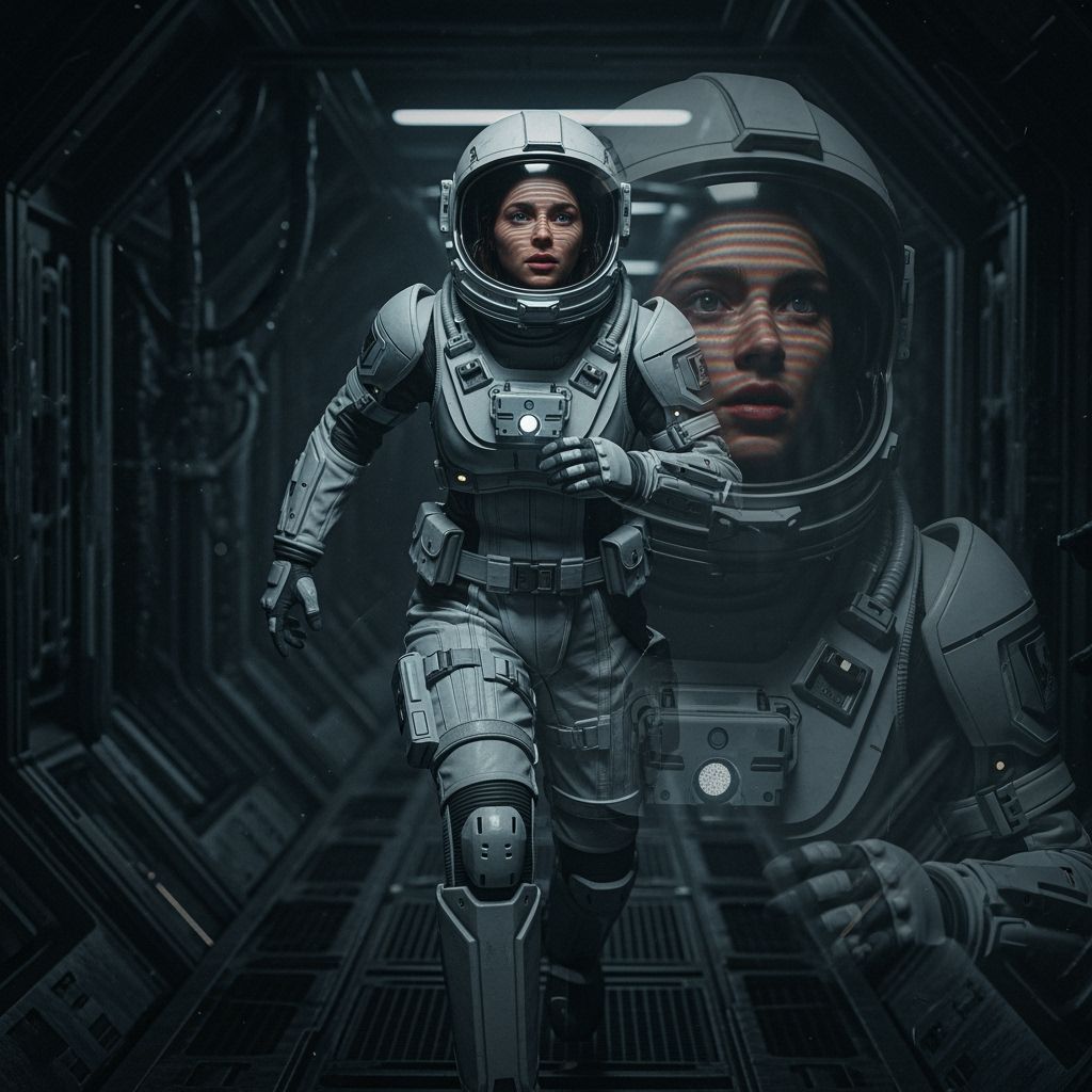 Space Marine in Spaceship Corridor, Cinematic Film Still