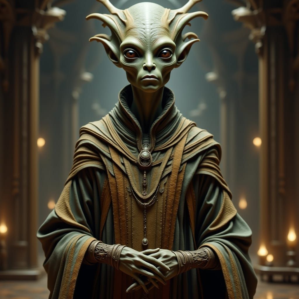Wise Alien Elder in Cosmic Sanctuary