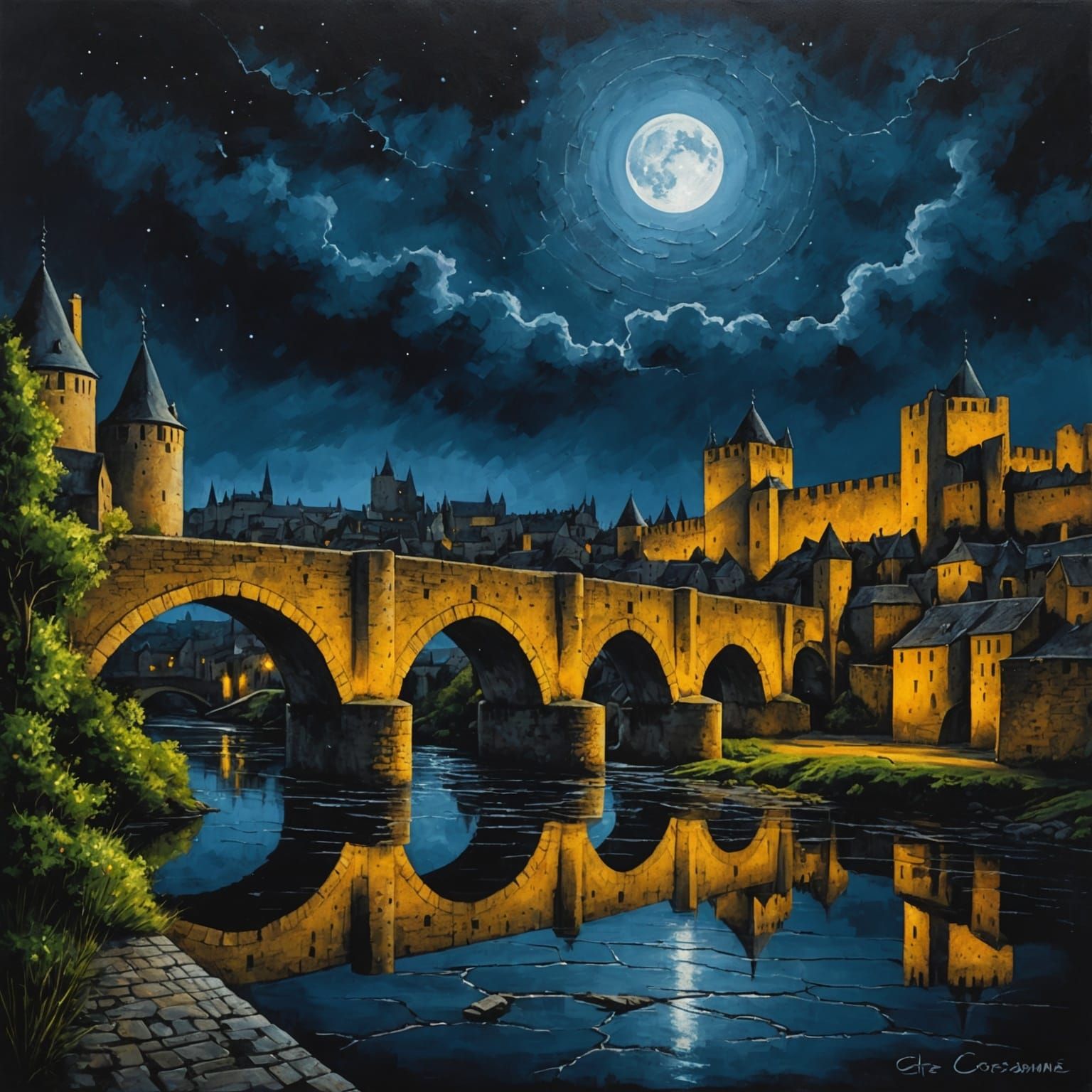 Carcassonne Night View in Acrylic Painting