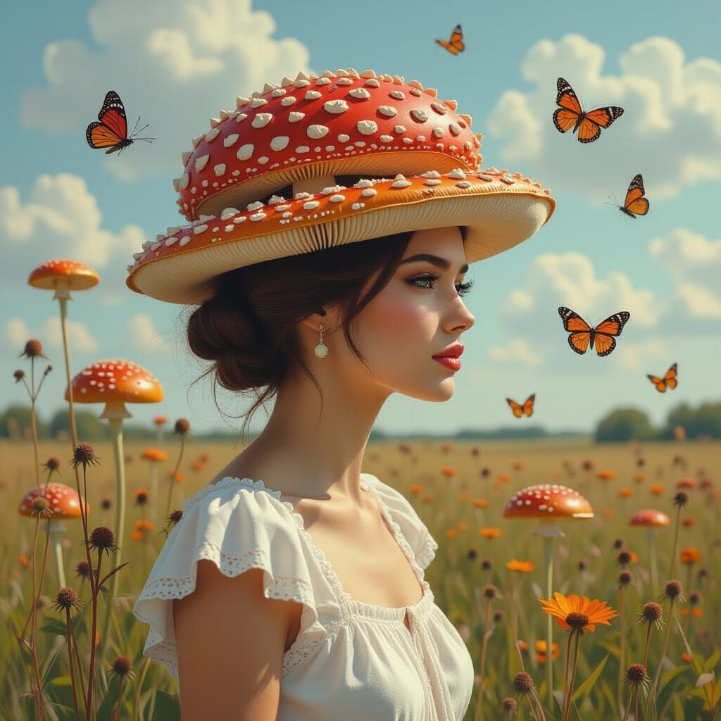Surreal Dreamlike Painting of Woman with Mushrooms
