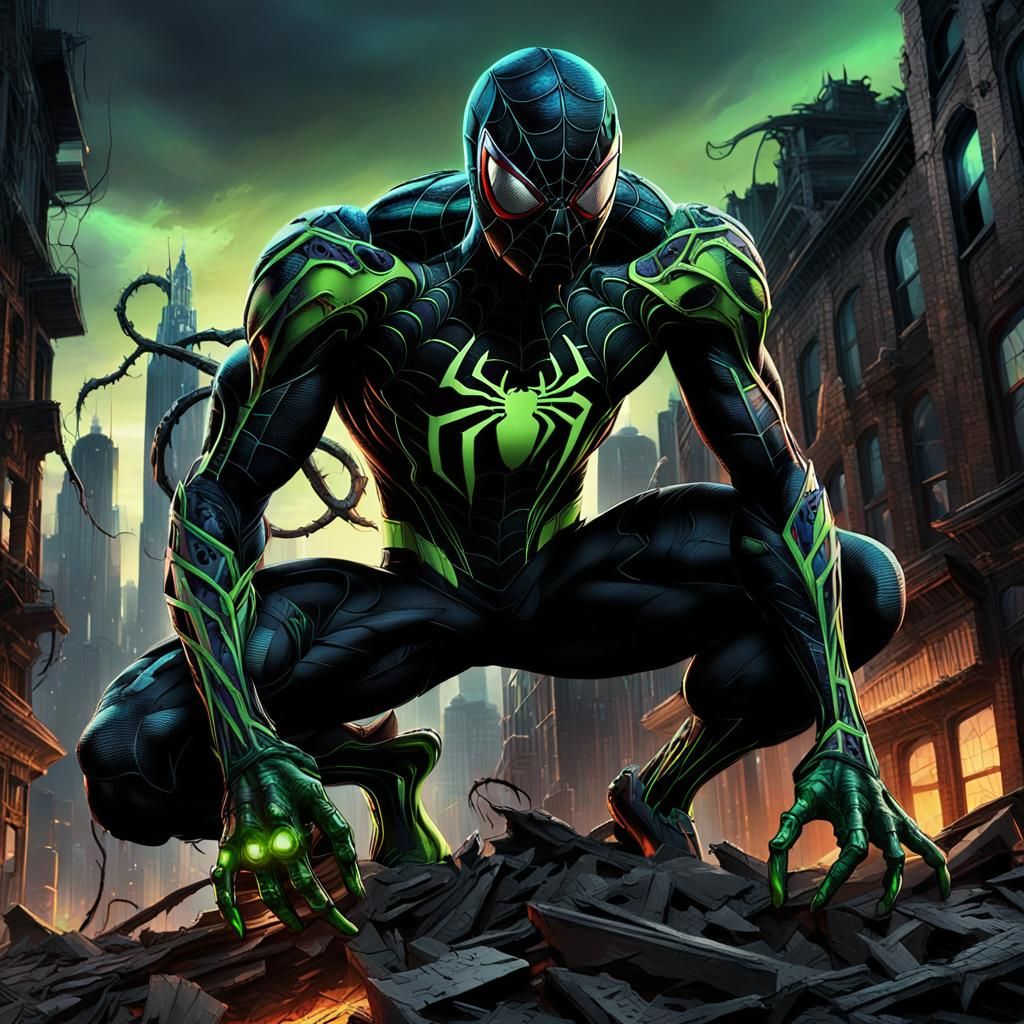 Spiderman and Venom Symbiote in Dark Fantasy Cityscape