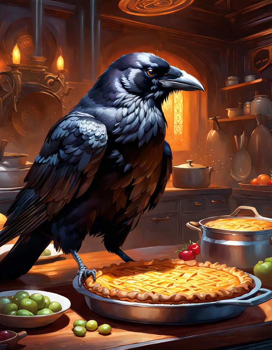 Crow and Pie Concept Art in Kitchen Setting