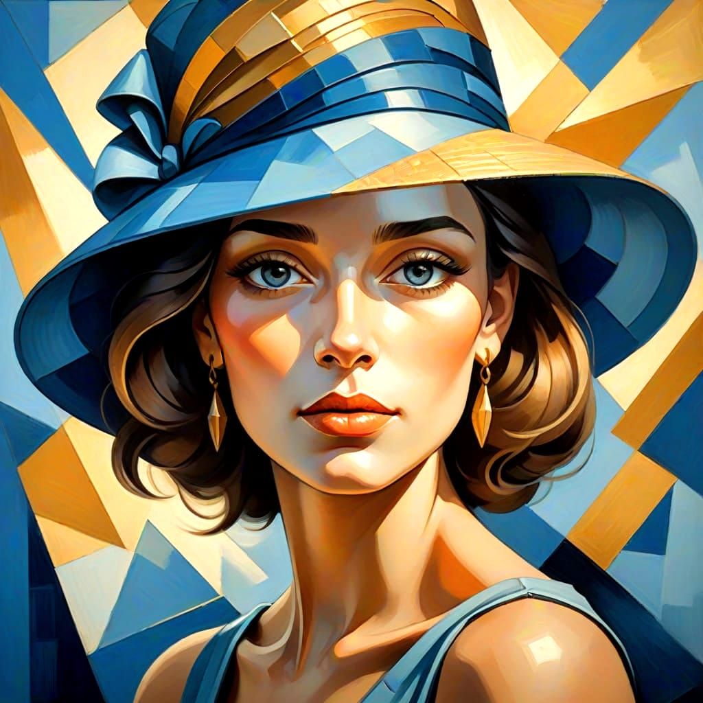 Elegant Woman in a Large Hat, Oil on Canvas