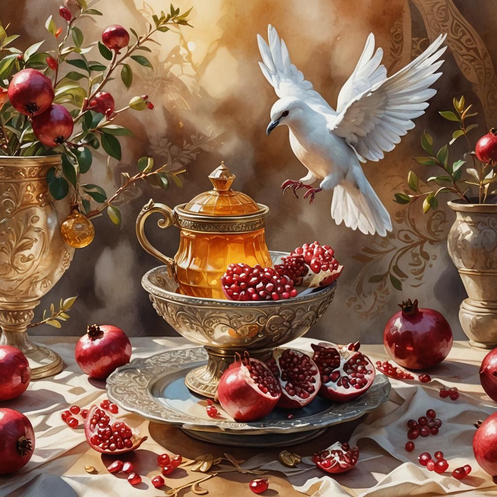 Pomegranate, Honey, and Dove: Watercolor Fantasy Still Life