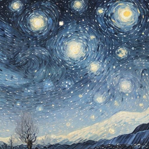 Mysterious Starry Night Landscape in Blues and Greys