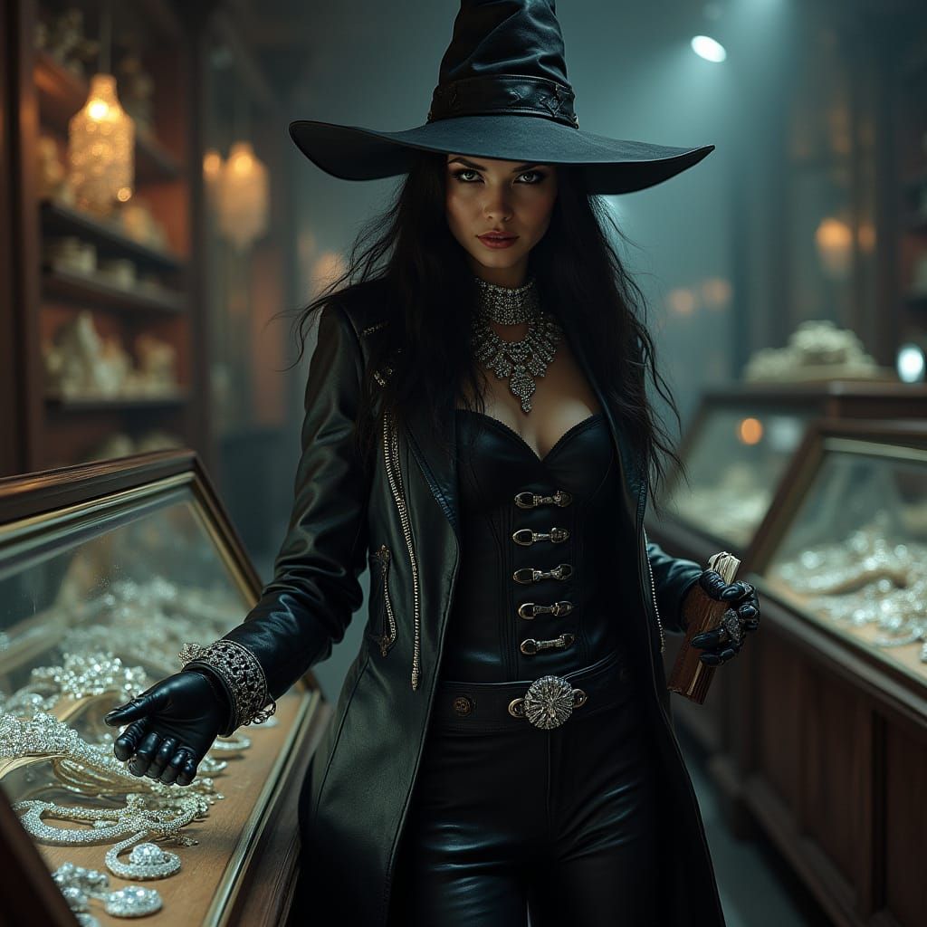 Dark Gothic Witch in Black Leather Robs Jewellery Store