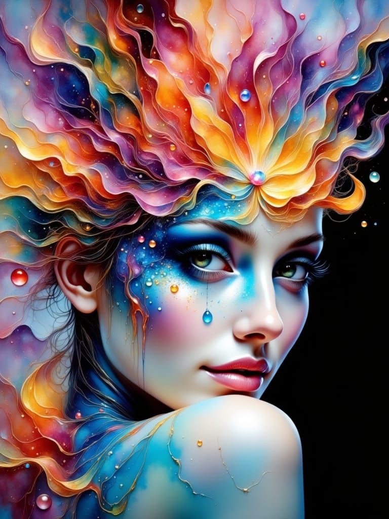 Woman Surrounded by Magic Droplets in Hyperrealism