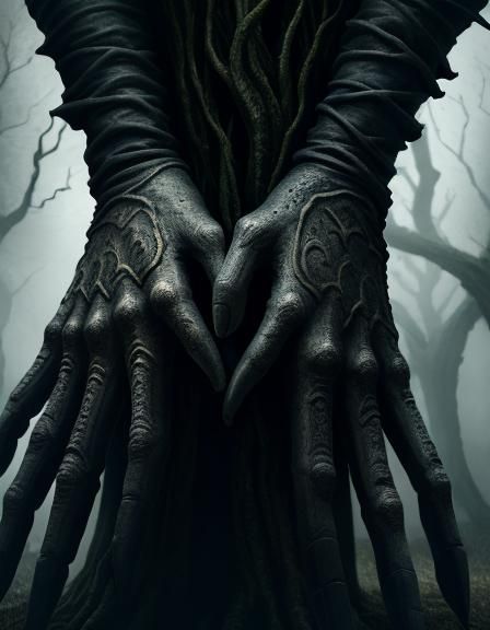 DARK SINISTER FANTASY photorealism trees with faces and hands grabbing