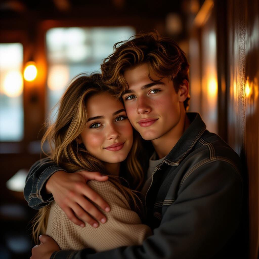 Teenage Couple Embrace in Cinematic Lighting