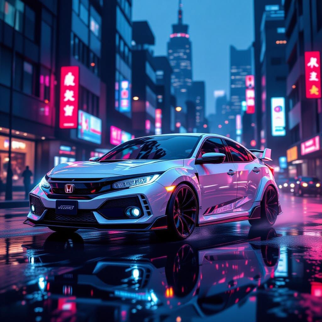 Futuristic Cybernetic Civic Hovers Over Neon City Street