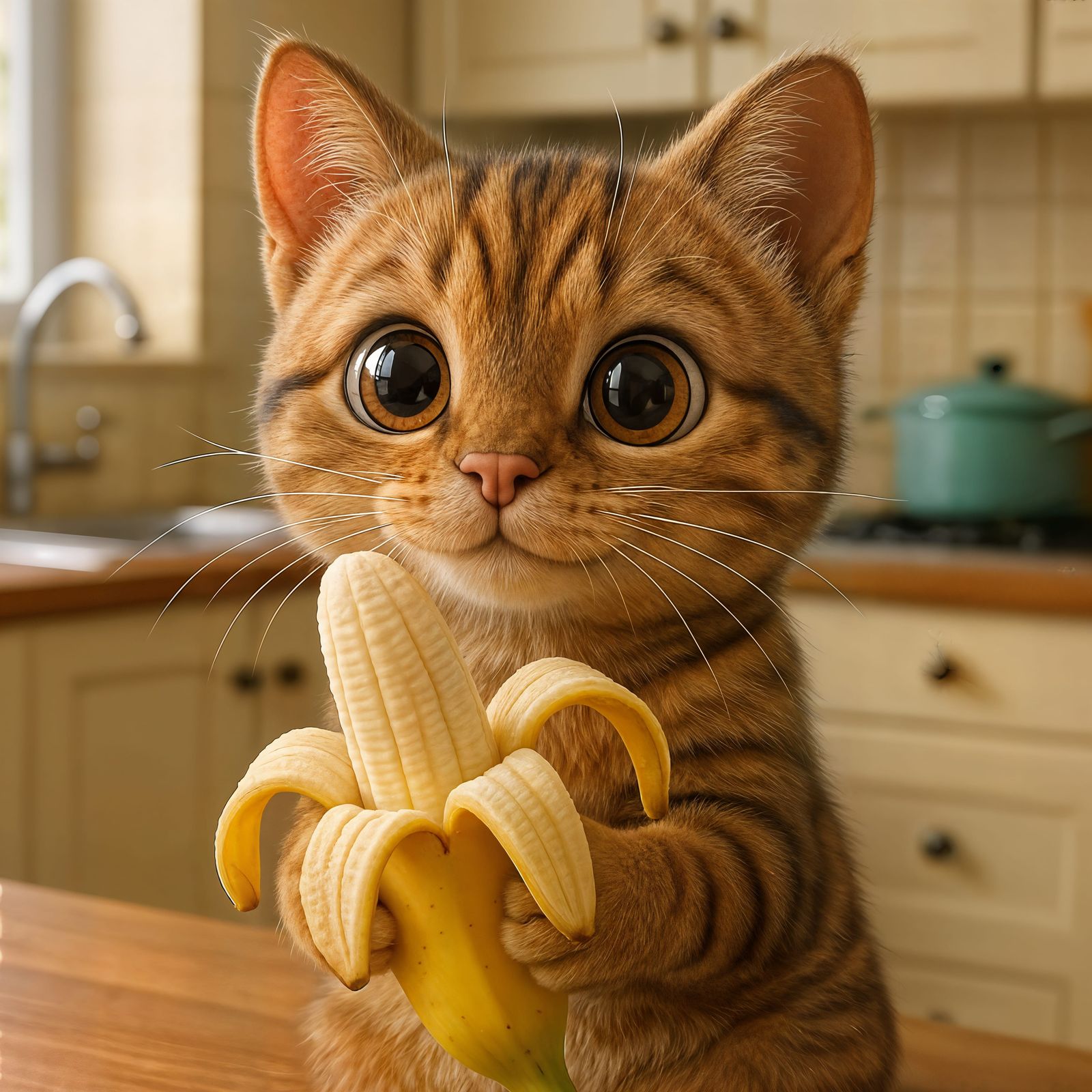 Adorable Cartoon Cat with Banana in Kitchen