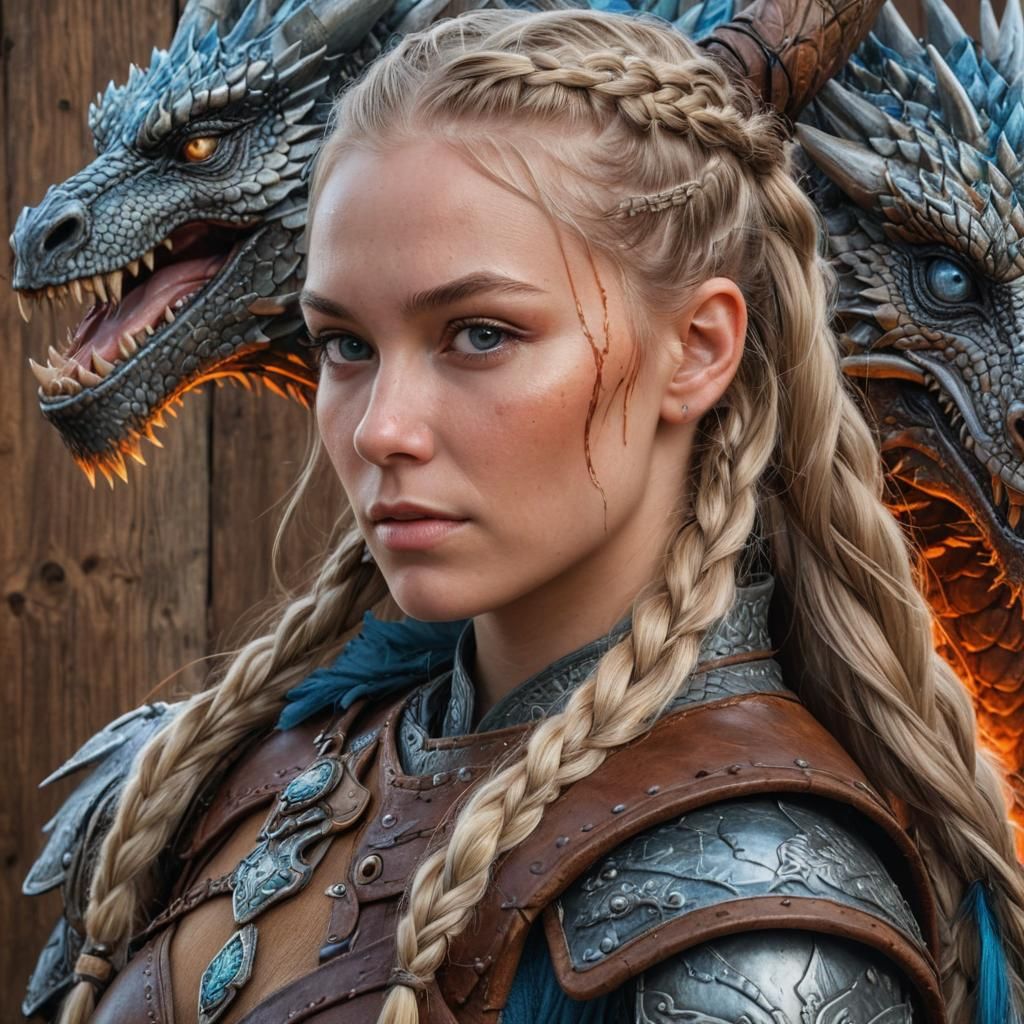 Viking Woman and Dragon Portrait in Artgerm Style