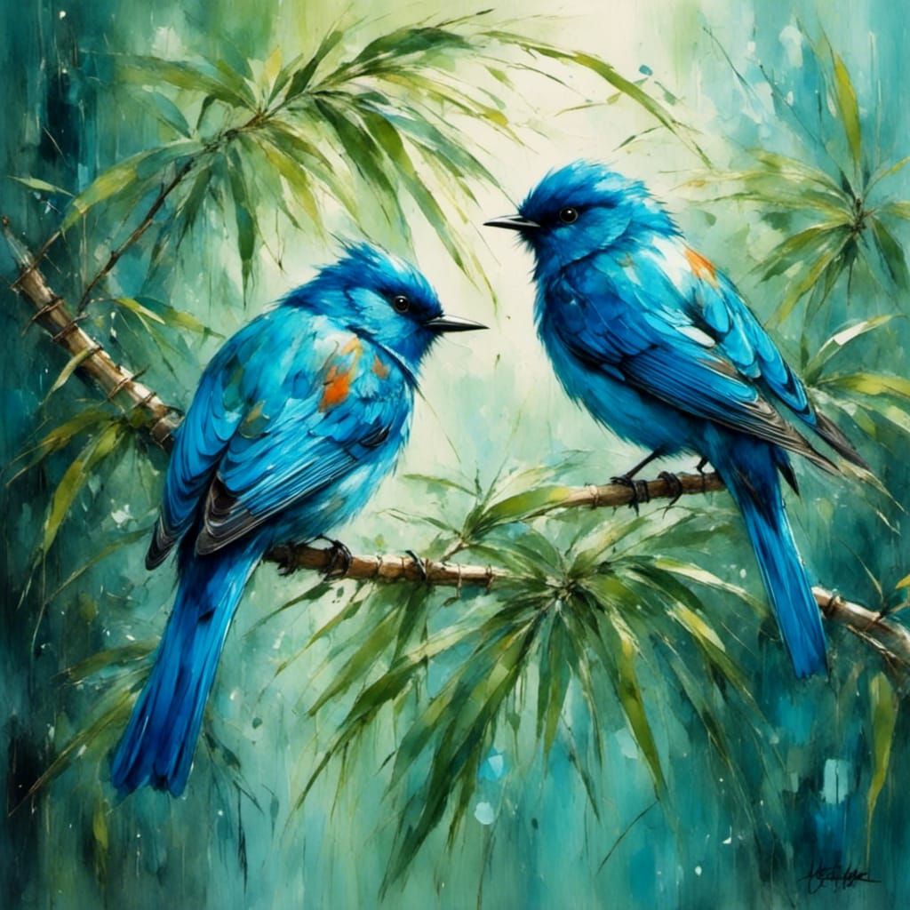 Bright blue birds briskly bounce between bending bamboo bran...